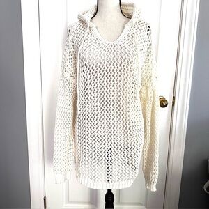 NICOLE MILLER ARTELIER Crochet Hoodie Drawstring Long Sleeve Sz XL Cream Soft